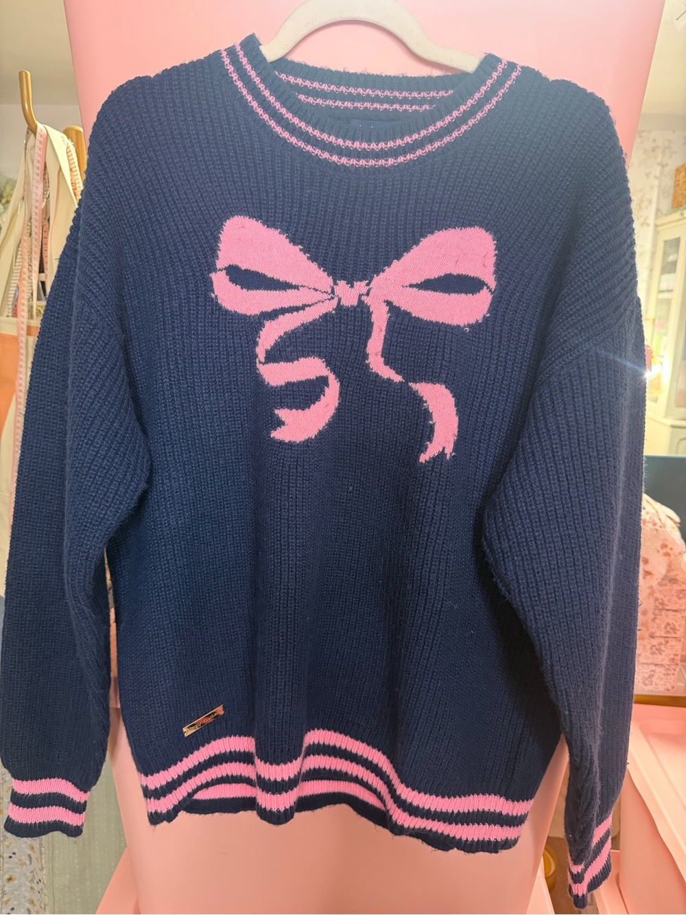 Simply Southern Navy Sweater with Pink Bow Motif